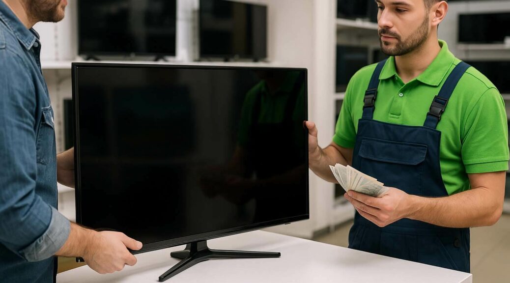 門市人員與客戶完成電視收購並清點現金