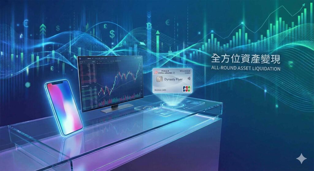 科技感十足的櫃台上陳列著一支 iPhone、一台薄型電視與一張虛擬的華航哩程卡,背景是數位化的金流數據,象徵全方位資產變現 / Tech-savvy counter displaying an iPhone, a slim TV, and a virtual China Airlines mileage card, background with digital cash flow data, symbolizing all-around asset liquidation.