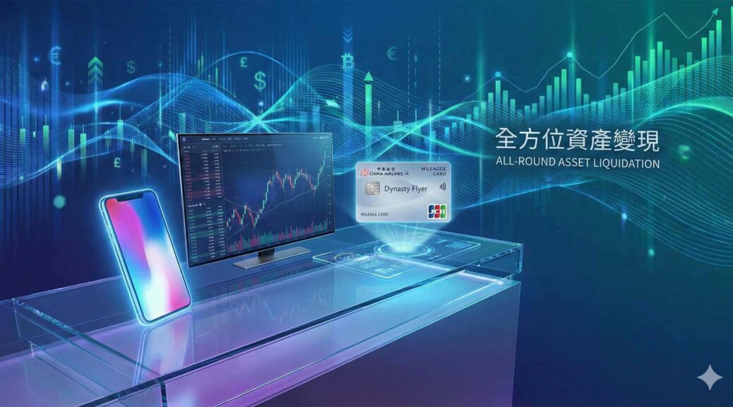 科技感十足的櫃台上陳列著一支 iPhone、一台薄型電視與一張虛擬的華航哩程卡，背景是數位化的金流數據，象徵全方位資產變現 / Tech-savvy counter displaying an iPhone, a slim TV, and a virtual China Airlines mileage card, background with digital cash flow data, symbolizing all-around asset liquidation.